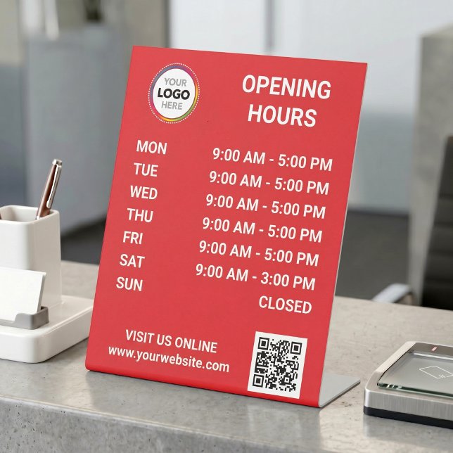 Store Opening Hours With Logo + QR Code - Red Pedestal Sign (Creator Uploaded)