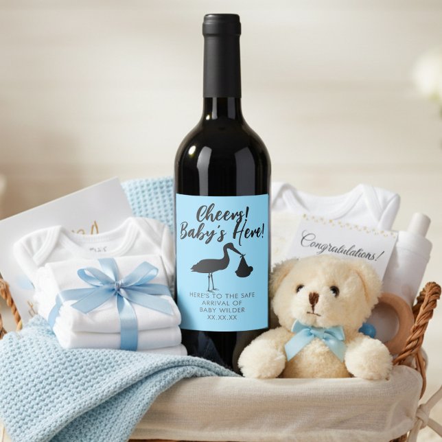 Stork and Baby Cheers Blue Wine Label (Cheers! Baby's Here! A cute blue wine bottle label just for you)
