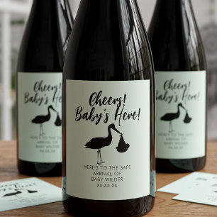 Stork and Baby Cheers Gender Neutral Sage Green Wine Label