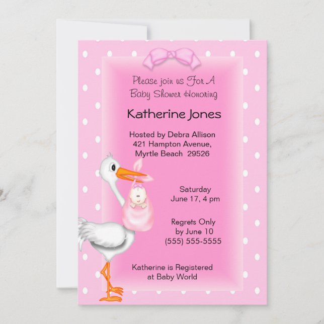 Stork and Baby Girl Shower Invitations (Front)