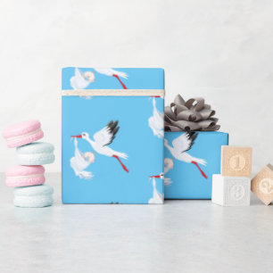 Stork and Baby on Blue Wrapping Paper