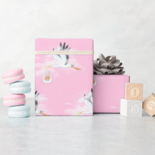 Stork and Baby on Pink Wrapping Paper