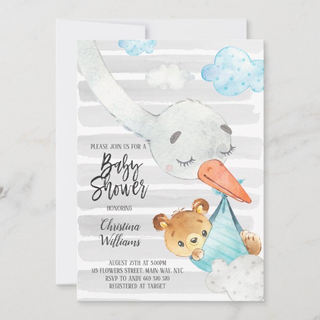 Stork and Bear Cub Boy Baby Shower Blue & Grey Invitation (Front)