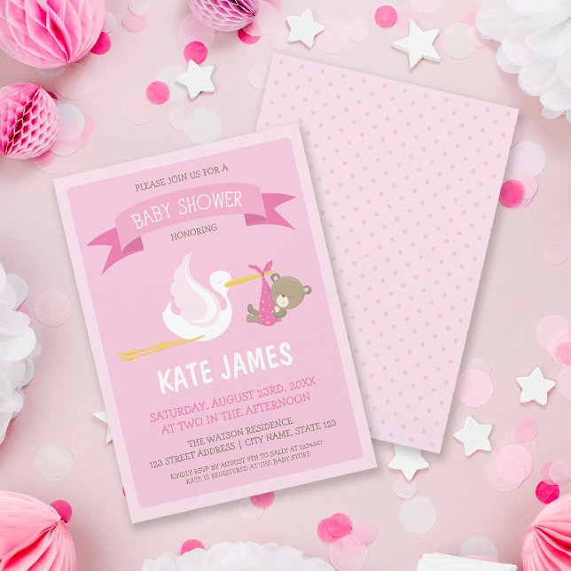 Stork and Bear Pink Baby Shower Invitation (Creator Uploaded)