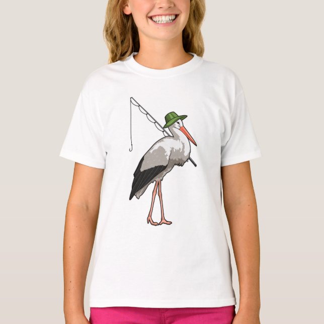 Stork at Fishing with Fishing rod T-Shirt (Front)