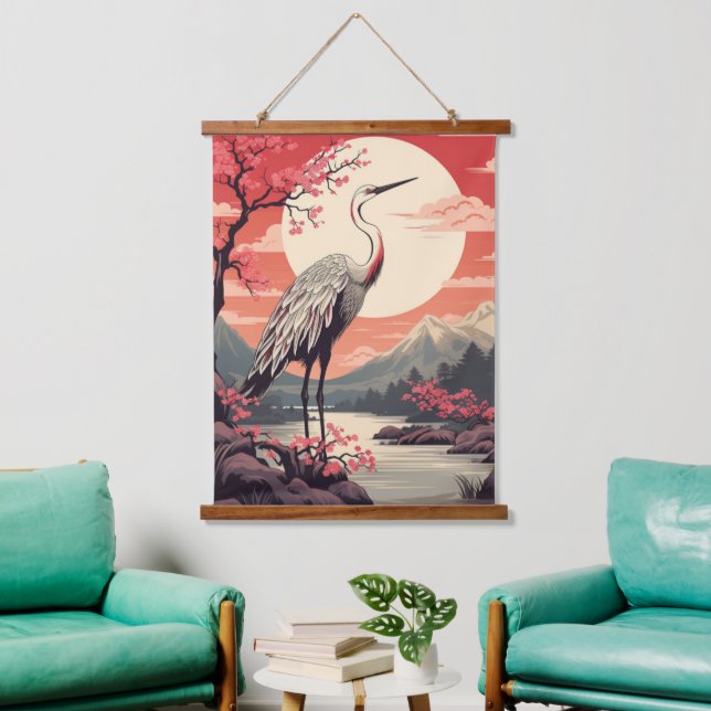 Stork at sunrise by the Lake and Sakura trees Hanging Tapestry (Living Room)