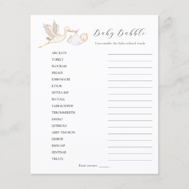 Stork Baby Babble Word Scramble (Front)