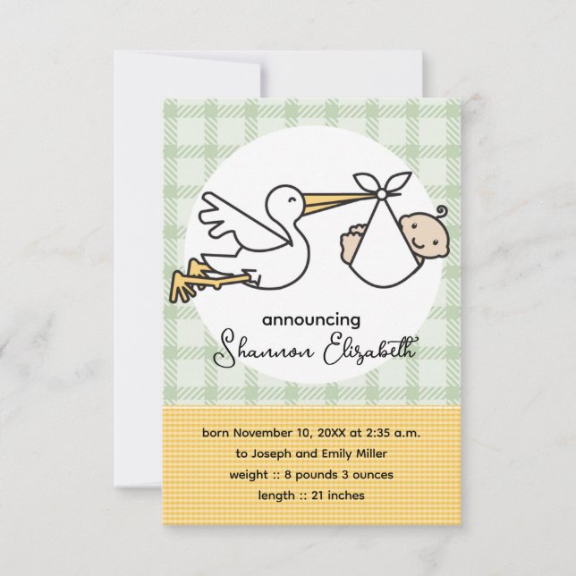 Stork Baby Birth Announcements (Yellow) (Front)
