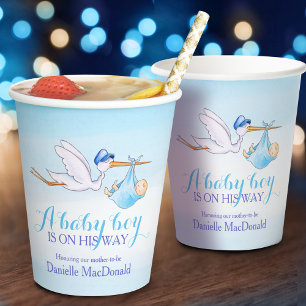 Stork baby boy blue watercolor baby shower paper cups