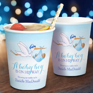Stork baby boy blue watercolor baby shower paper cups