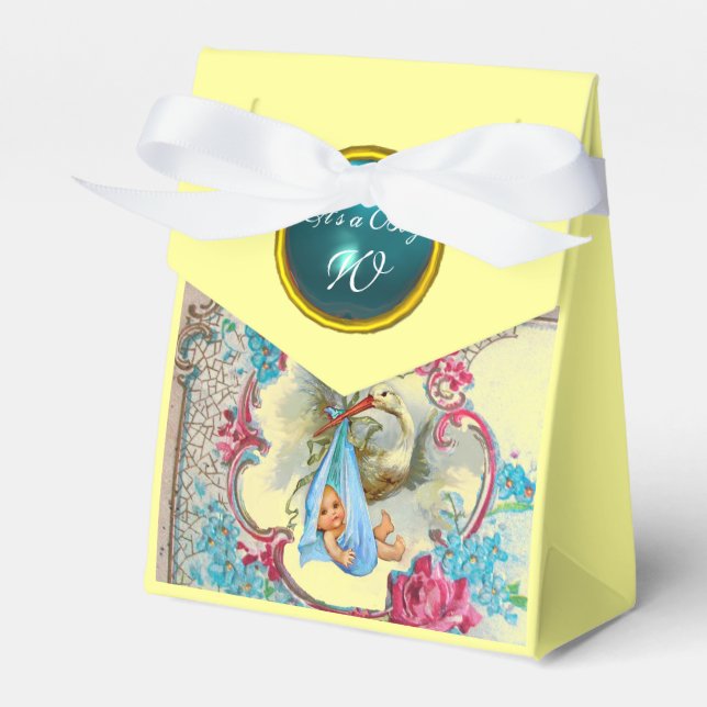 STORK BABY BOY SHOWER BLUE GEM MONOGRAM Yellow Favour Box (Front Side)