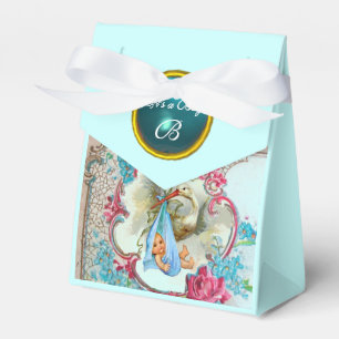 STORK BABY BOY SHOWER BLUE GEM STONE MONOGRAM FAVOUR BOX