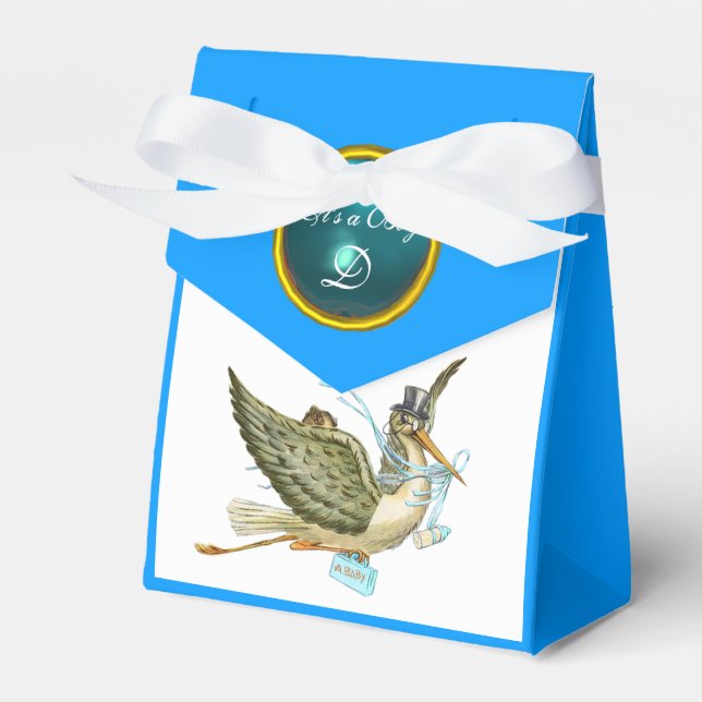 STORK BABY BOY SHOWER BLUE GEM STONE MONOGRAM FAVOUR BOX (Front Side)