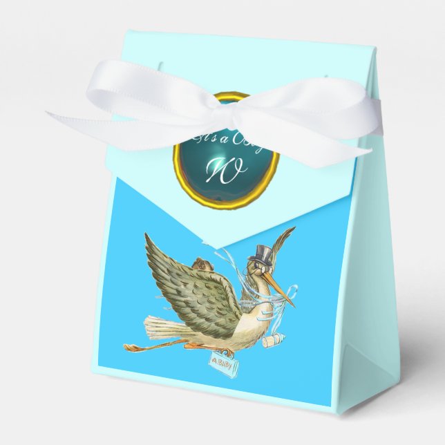 STORK BABY BOY SHOWER BLUE GEM STONE MONOGRAM FAVOUR BOX (Front Side)