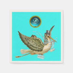 STORK BABY BOY SHOWER BLUE GEM STONE MONOGRAM NAPKIN