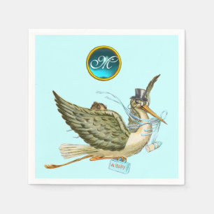 STORK BABY BOY SHOWER BLUE GEM STONE MONOGRAM NAPKIN
