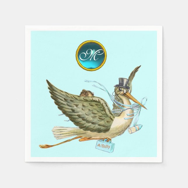 STORK BABY BOY SHOWER BLUE GEM STONE MONOGRAM NAPKIN (Front)