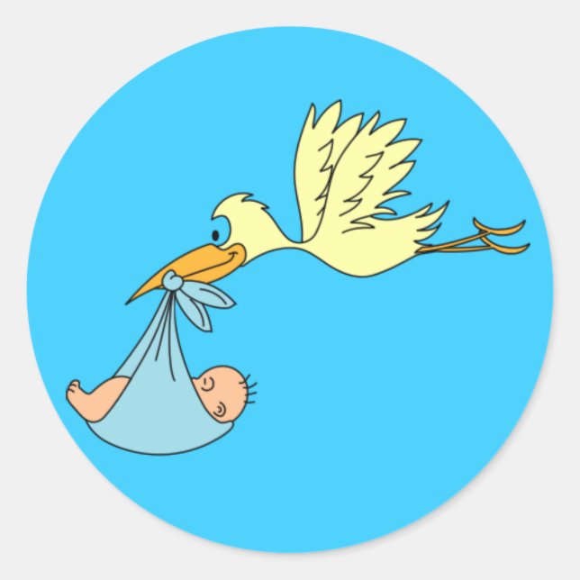 Stork Baby Boy Shower Blue or Birth Announcement Classic Round Sticker (Front)