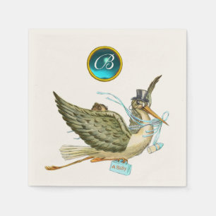 STORK BABY BOY SHOWER BLUR GEM STONE MONOGRAM NAPKIN