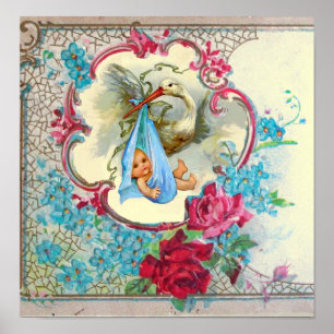 STORK BABY BOY SHOWER cream Poster