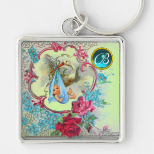 STORK BABY BOY SHOWER GEM MONOGRAM KEY RING