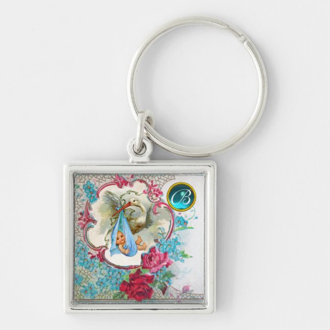 STORK BABY BOY SHOWER GEM MONOGRAM KEY RING (Front)