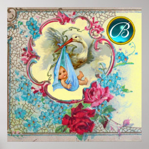 STORK BABY BOY SHOWER Gem Stone Monogram Yellow Poster