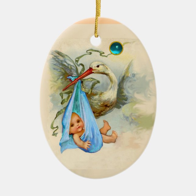STORK BABY BOY SHOWER MONOGRAM BLUE SAPPHIRE CERAMIC TREE DECORATION (Front)