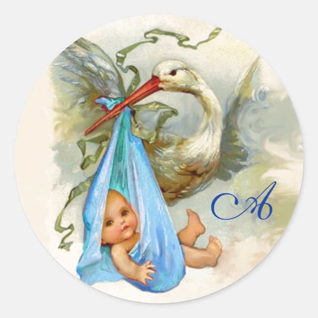 STORK BABY BOY SHOWER  MONOGRAM , CLASSIC ROUND STICKER (Front)