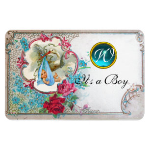 STORK BABY BOY SHOWER MONOGRAM,white Magnet