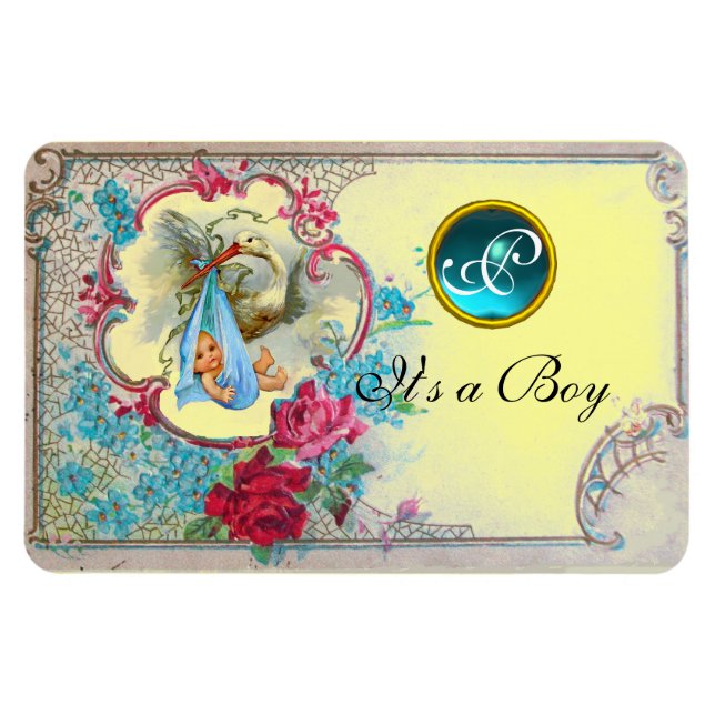 STORK BABY BOY SHOWER MONOGRAM,yellow Magnet (Horizontal)