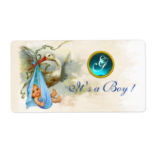 STORK BABY BOY SHOWER TEAL BLUE GEM MONOGRAM