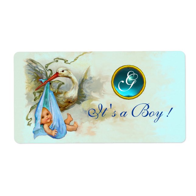 STORK BABY BOY SHOWER TEAL BLUE GEM MONOGRAM (Front)