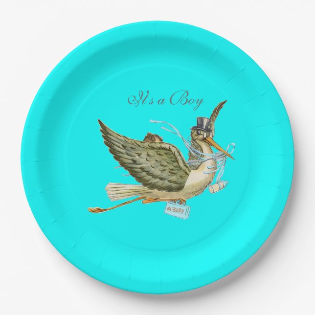 STORK BABY BOY SHOWER Turquoise Blue Paper Plate (Front)