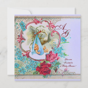 STORK BABY BOY SHOWER WITH ROSES AND BLUE FLOWERS INVITATION