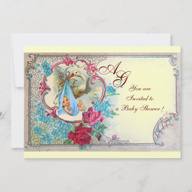 STORK BABY BOY SHOWER WITH ROSES AND BLUE FLOWERS INVITATION (Front)