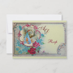 STORK BABY BOY SHOWER WITH ROSES AND BLUE FLOWERS INVITATION