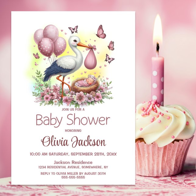 Stork Baby Girl Baby Shower Invitation (Creator Uploaded)