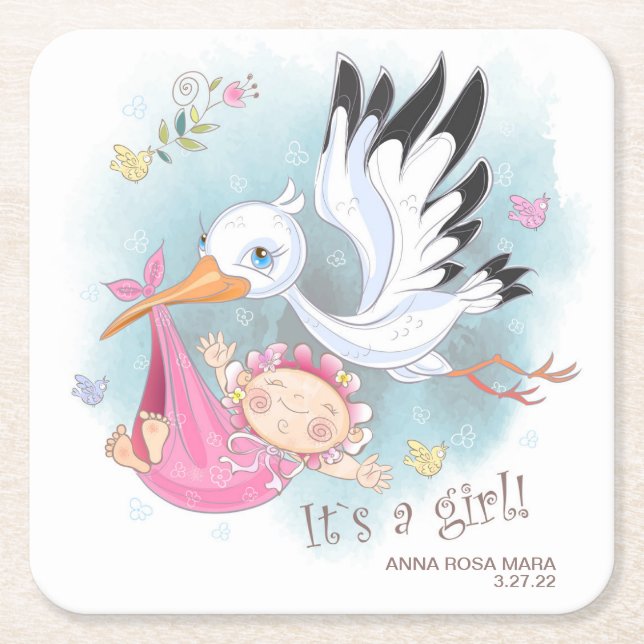 *~* Stork Baby Girl Birds Flowers Baby Shower Square Paper Coaster (Front)