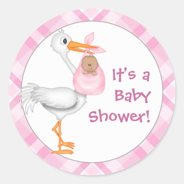 Stork & Baby Girl (darker skin) Baby Shower Classic Round Sticker (Front)