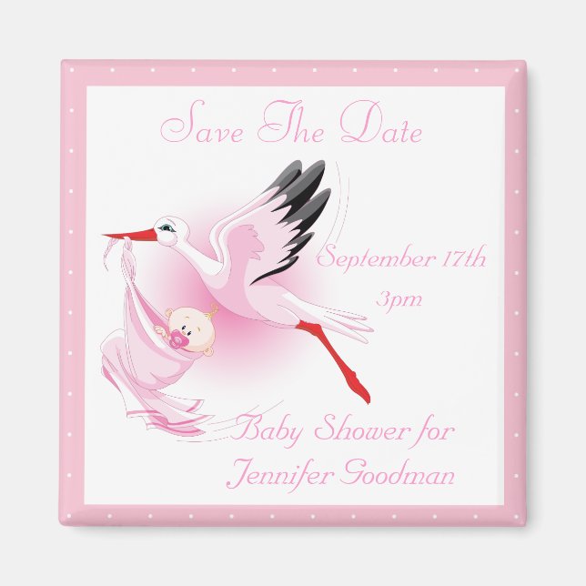 Stork & Baby Girl Pink Save the Date Baby Shower Magnet (Front)