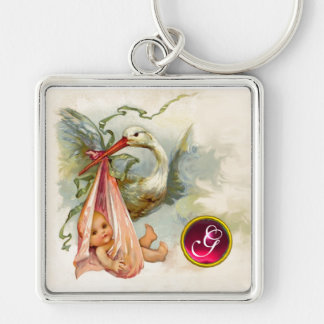 STORK BABY GIRL SHOWER GEM MONOGRAM KEY RING