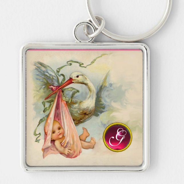 STORK BABY GIRL SHOWER GEM MONOGRAM KEY RING (Front)