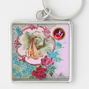 STORK BABY GIRL SHOWER GEM MONOGRAM KEY RING