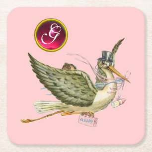 STORK BABY GIRL SHOWER GEM MONOGRAM SQUARE PAPER COASTER