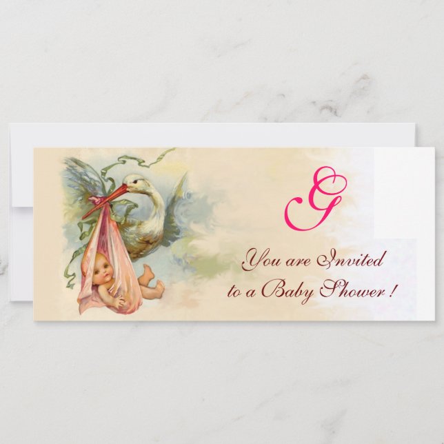 STORK BABY GIRL SHOWER MONOGRAM INVITATION (Front)