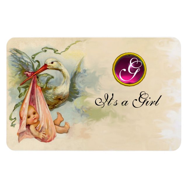 STORK BABY GIRL SHOWER MONOGRAM MAGNET (Horizontal)