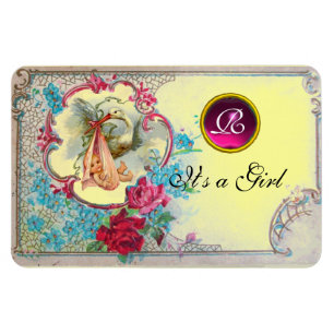 STORK BABY GIRL SHOWER MONOGRAM MAGNET