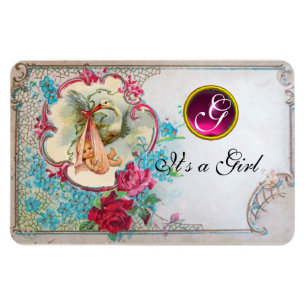 STORK BABY GIRL SHOWER MONOGRAM MAGNET