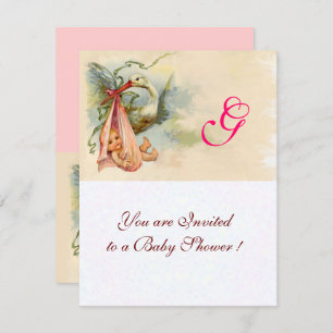 STORK BABY GIRL SHOWER MONOGRAM Pink Invitation